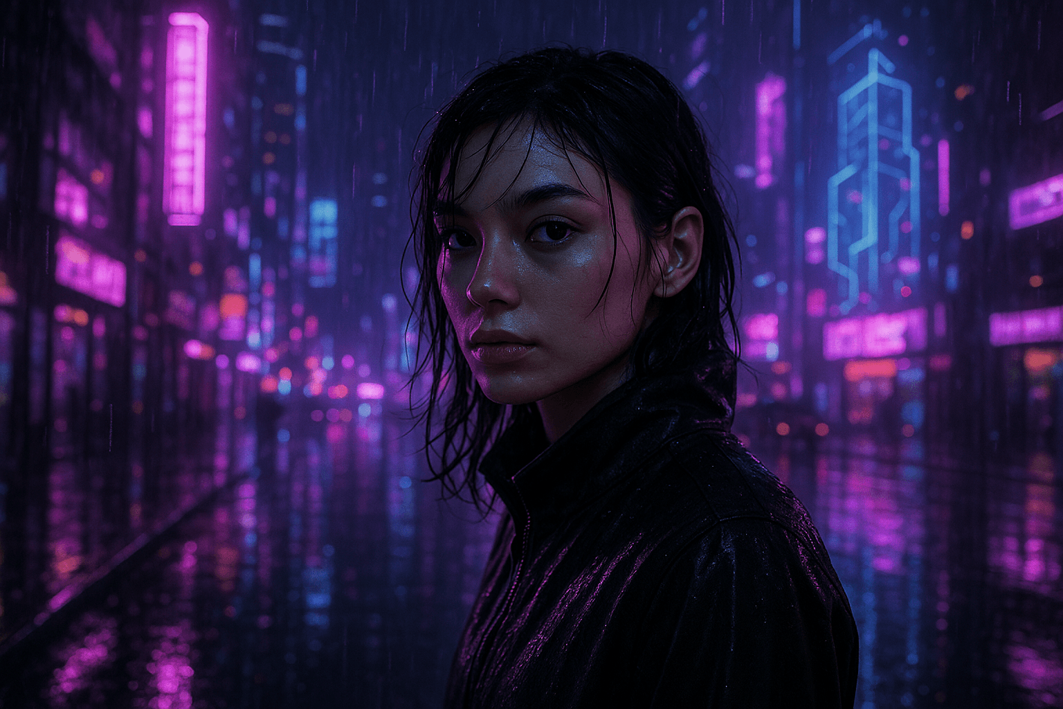 Social Media AI image: A futuristic cyberpunk landscape with neon purple and blue lights, holographic elements, rain-soaked