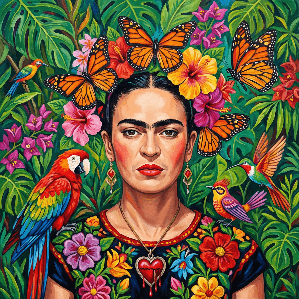 Marketing AI image: Self-portrait with monarch butterflies and tropical flowers in hair, Frida Kahlo Mexican folk art st