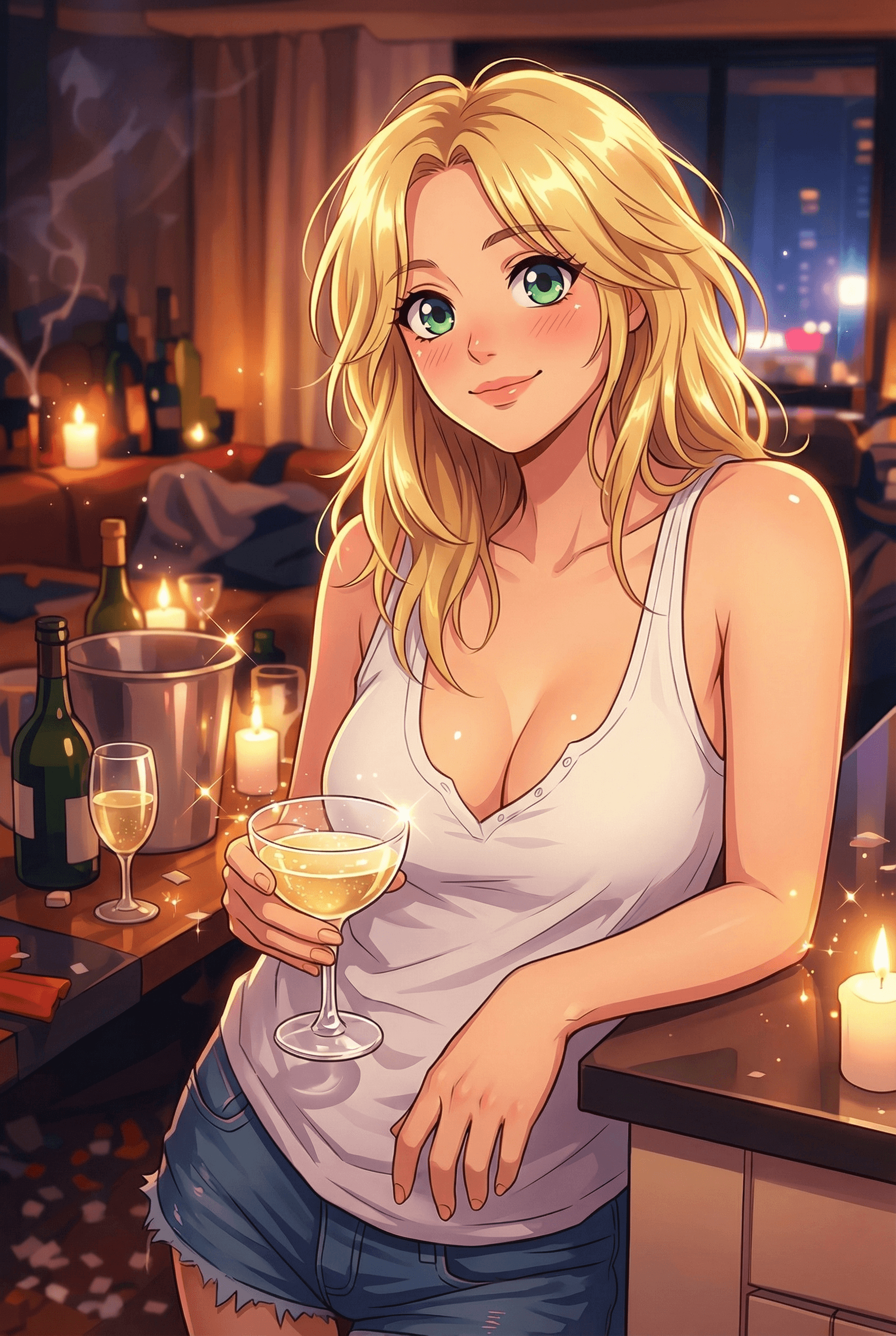 Japanese animation art style with distinctive large eyes, expressive faces, and vibrant colors