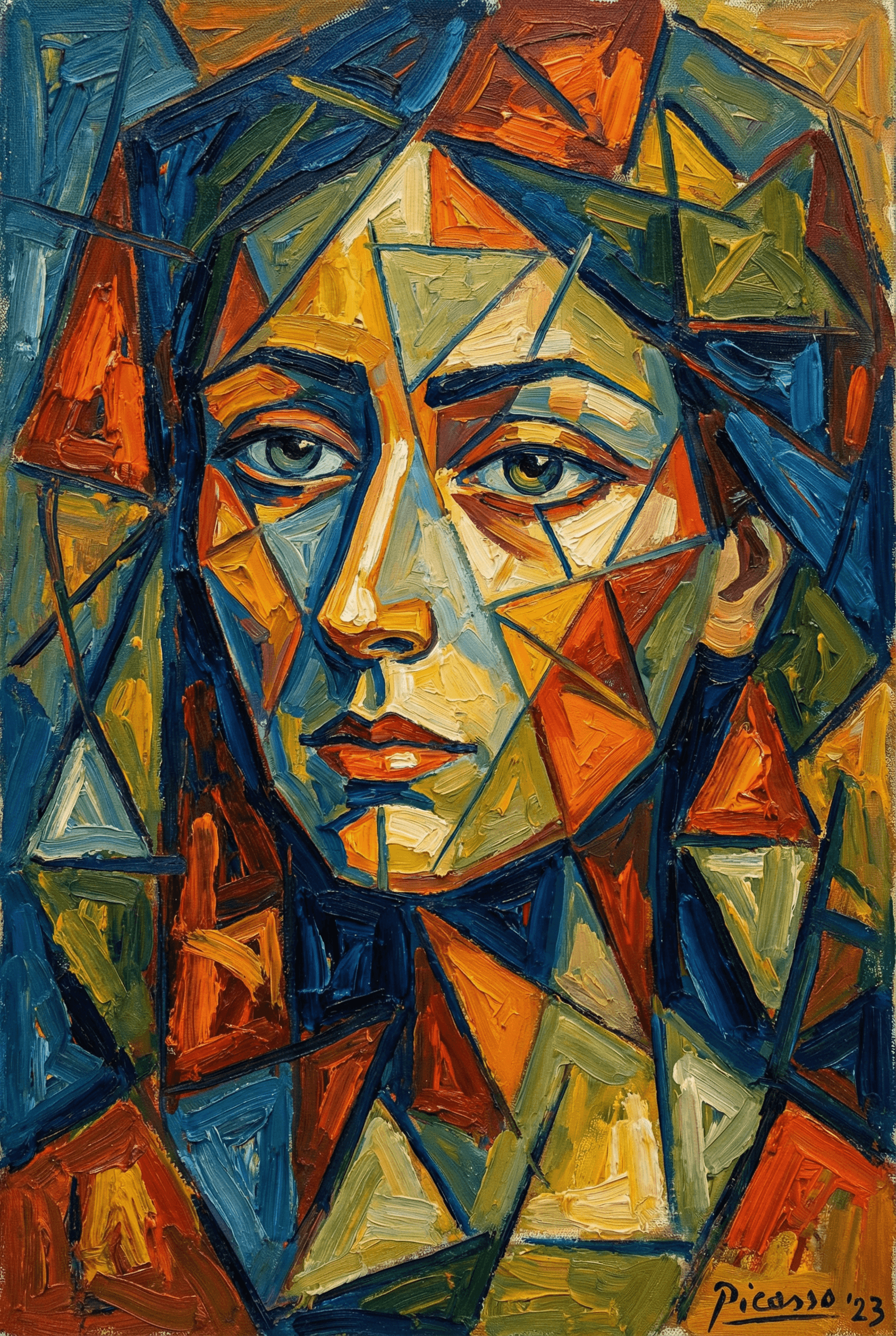 A colorful cubist painting of a woman's face, features rearranged in a geometric pattern, sharp angles, vibrant blues an