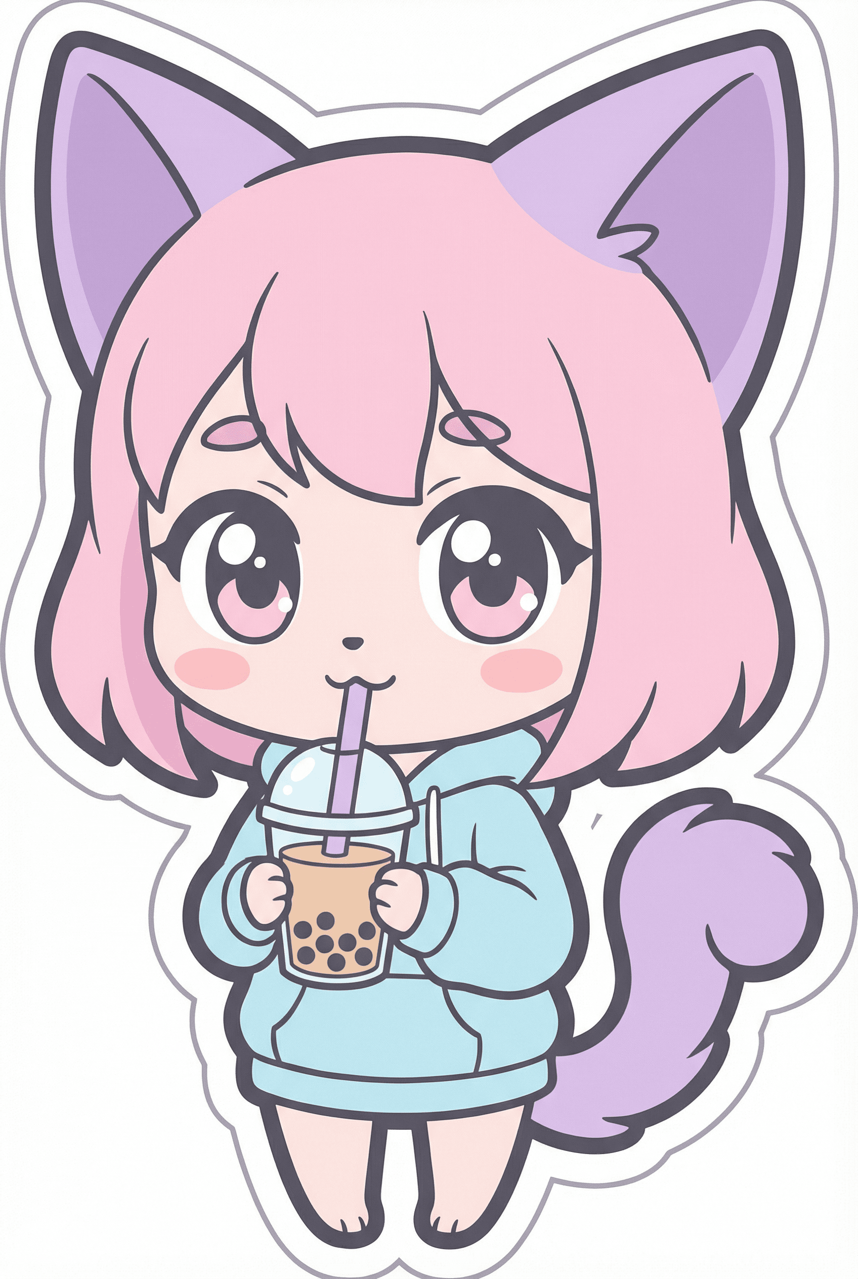 A cute chibi character sticker of a cat-girl with large ears and a tail, holding a bubble tea, oversized head and eyes,