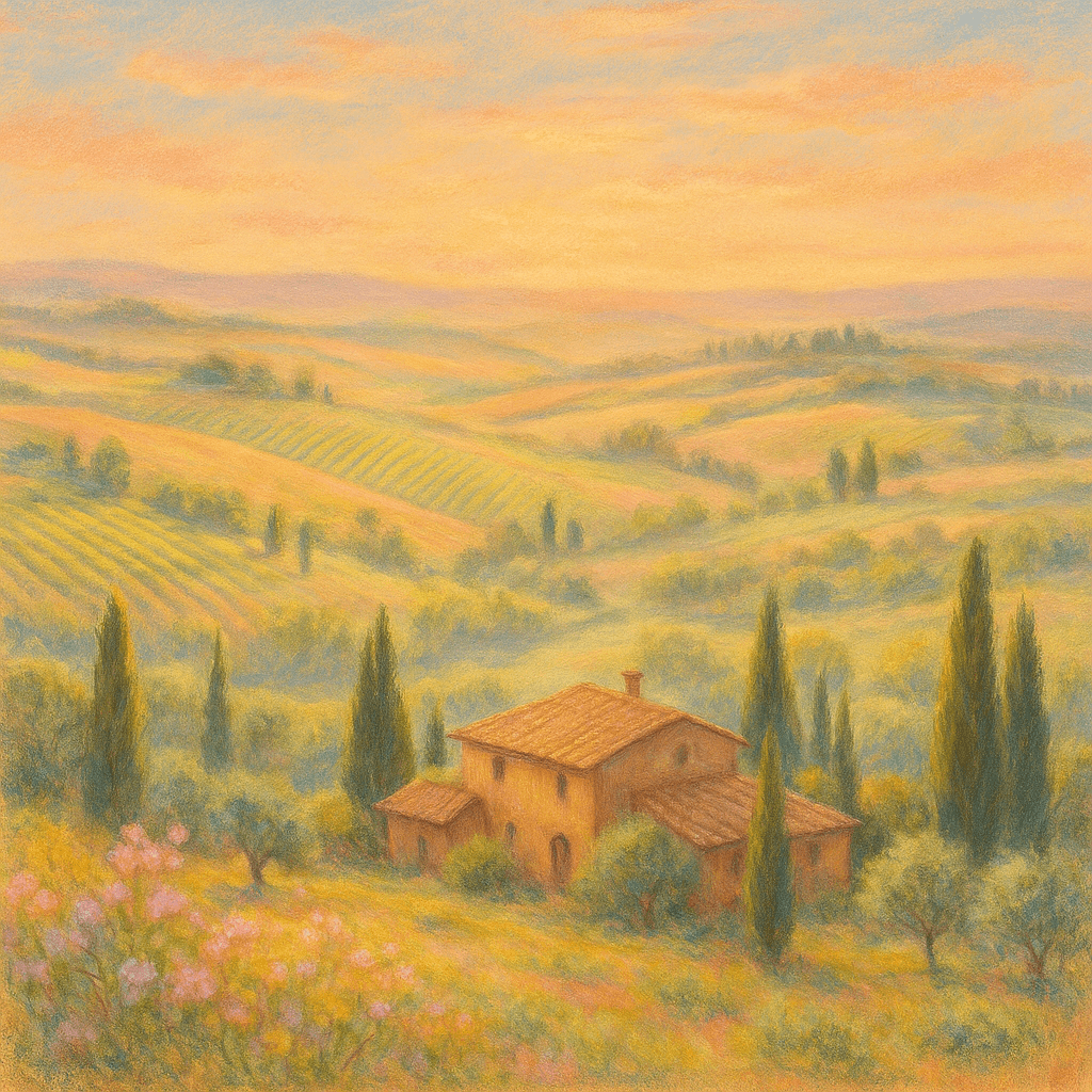 Pastel Style AI image: A breathtaking Italian landscape at golden hour, showcasing rolling hills adorned with vibrant viney