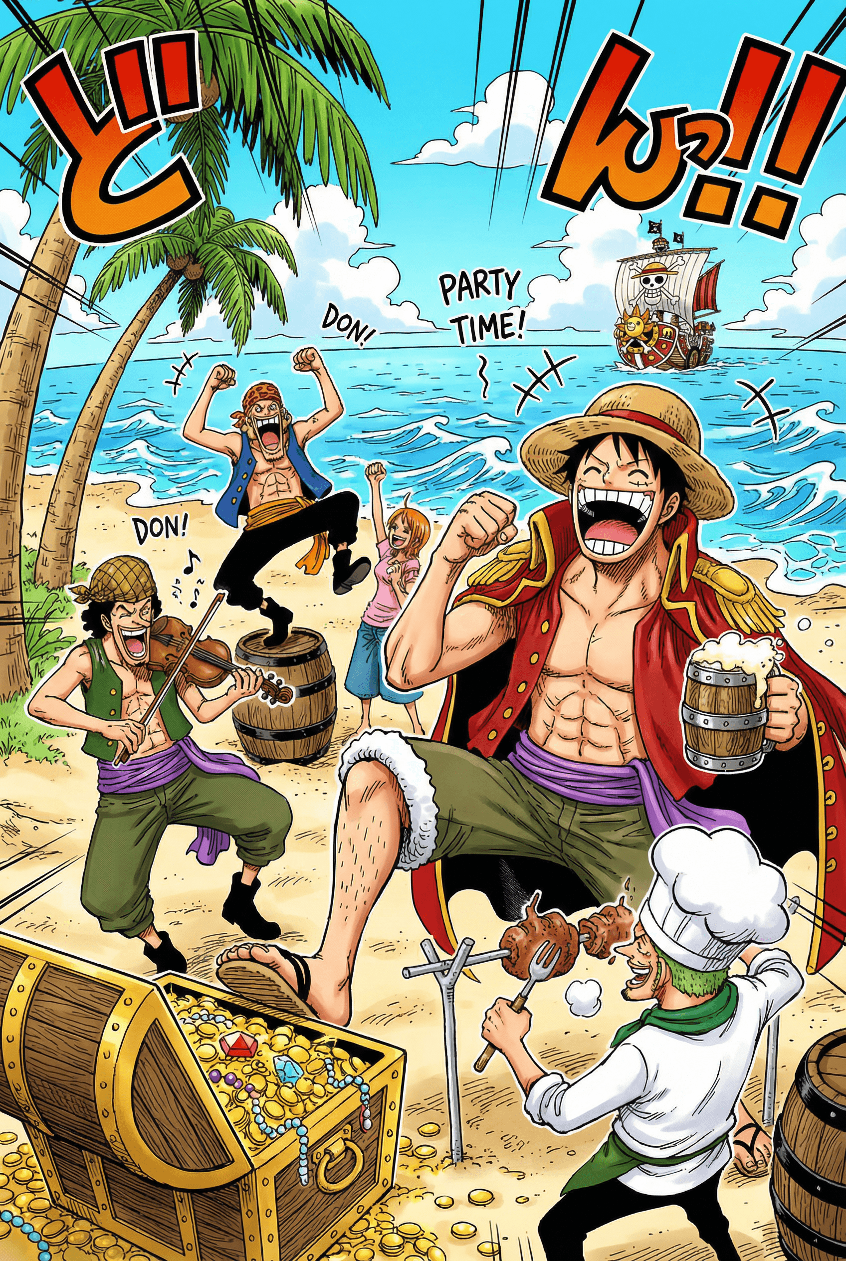 A colorful anime-style illustration of a pirate crew celebrating on a tropical beach with a treasure chest, bright blue