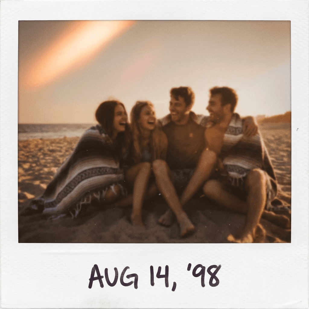 Marketing AI image: A group of friends at the beach captured in soft dreamy focus, iconic white border frame with handwr