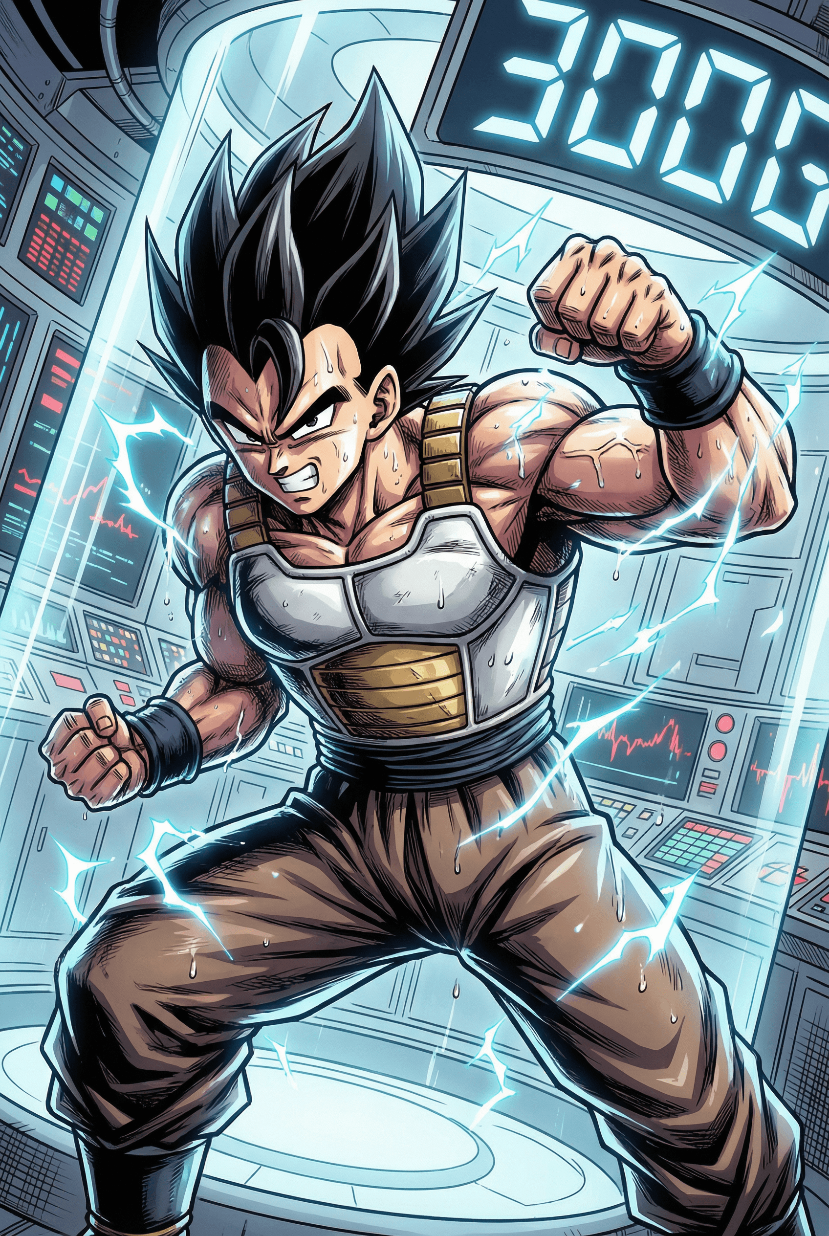 Dragon Ball Style AI image: Training montage scene showing warrior in gravity chamber, sweat droplets flying, determined express