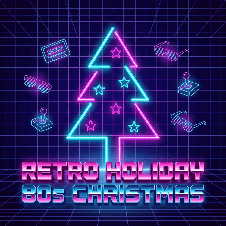 Retro 80s Christmas digital illustration, neon grid background, glowing Christmas tree outline, synthwave color palette