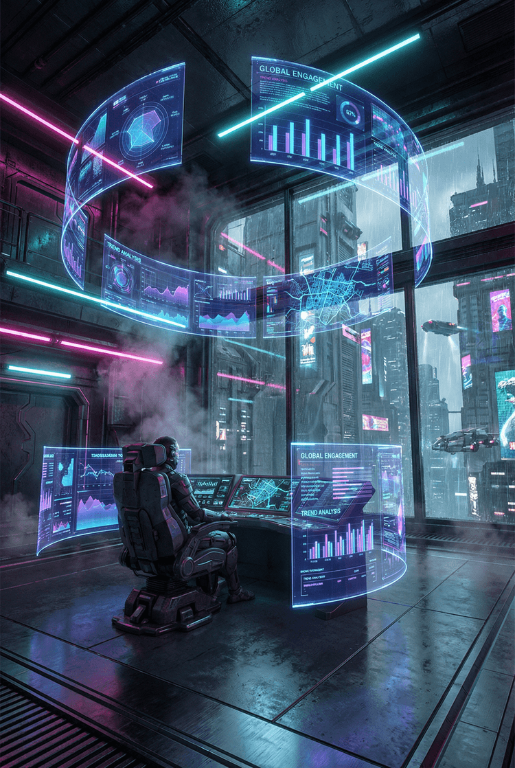 Futuristic cyberpunk command center with massive holographic displays showing analytics and data visualizations, neon pi