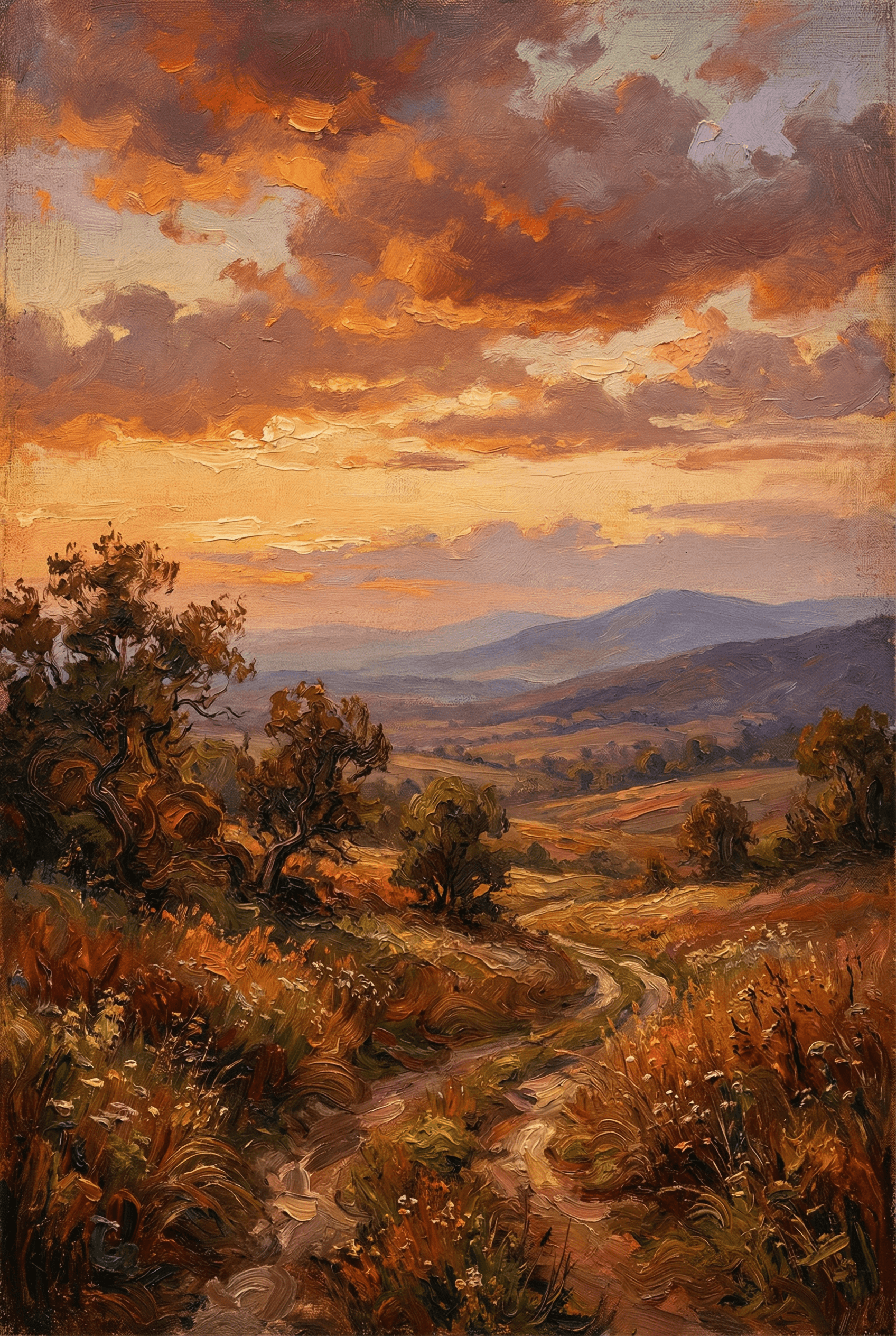 Oil Painting Style AI image: Romantic landscape oil painting with golden hour lighting, thick impasto clouds catching warm light,