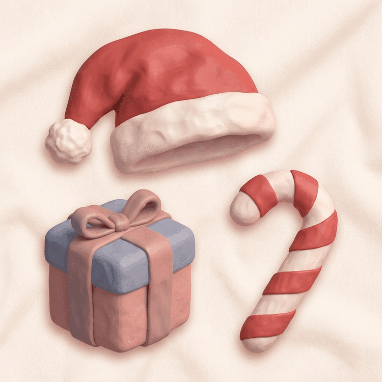 Claymation style Christmas icons, soft 3D shapes, Santa hat, gift box, candy cane, warm pastel colors, playful rounded f