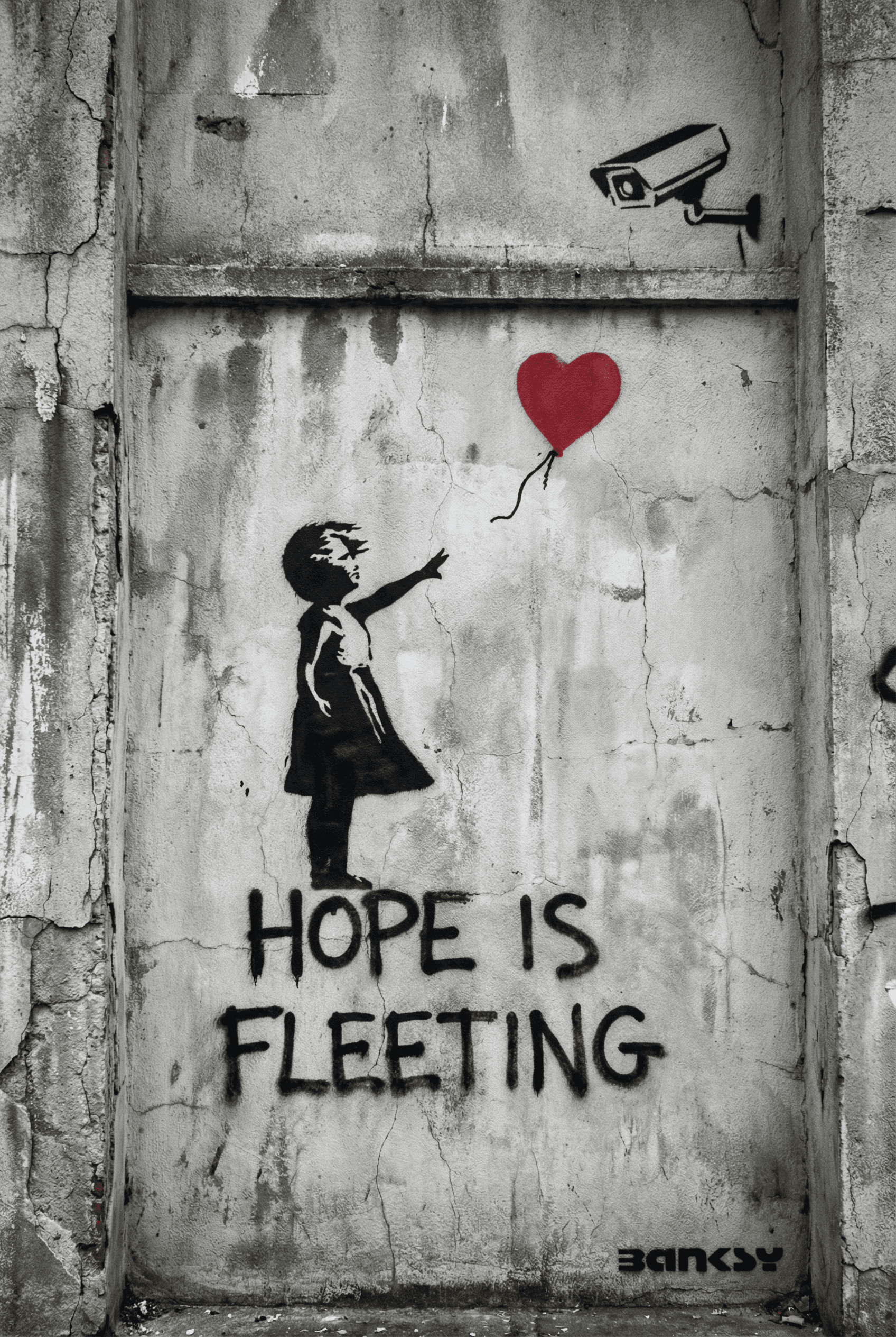 Banksy Street Art Style AI image: Banksy-style stencil art of girl with balloon, stark black silhouette against weathered concrete wal