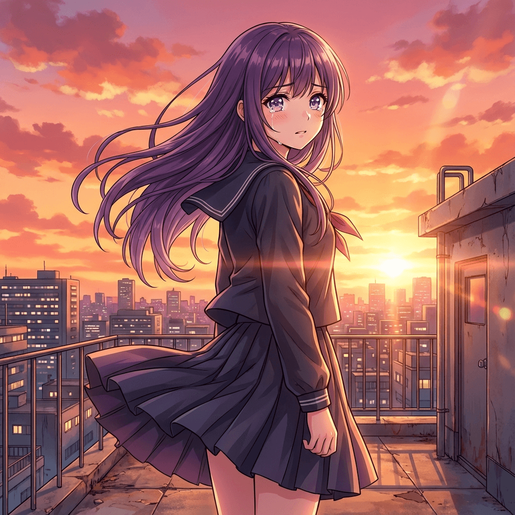 Marketing AI image: A teenage girl with flowing purple hair and large sparkling violet eyes standing on a rooftop at sun