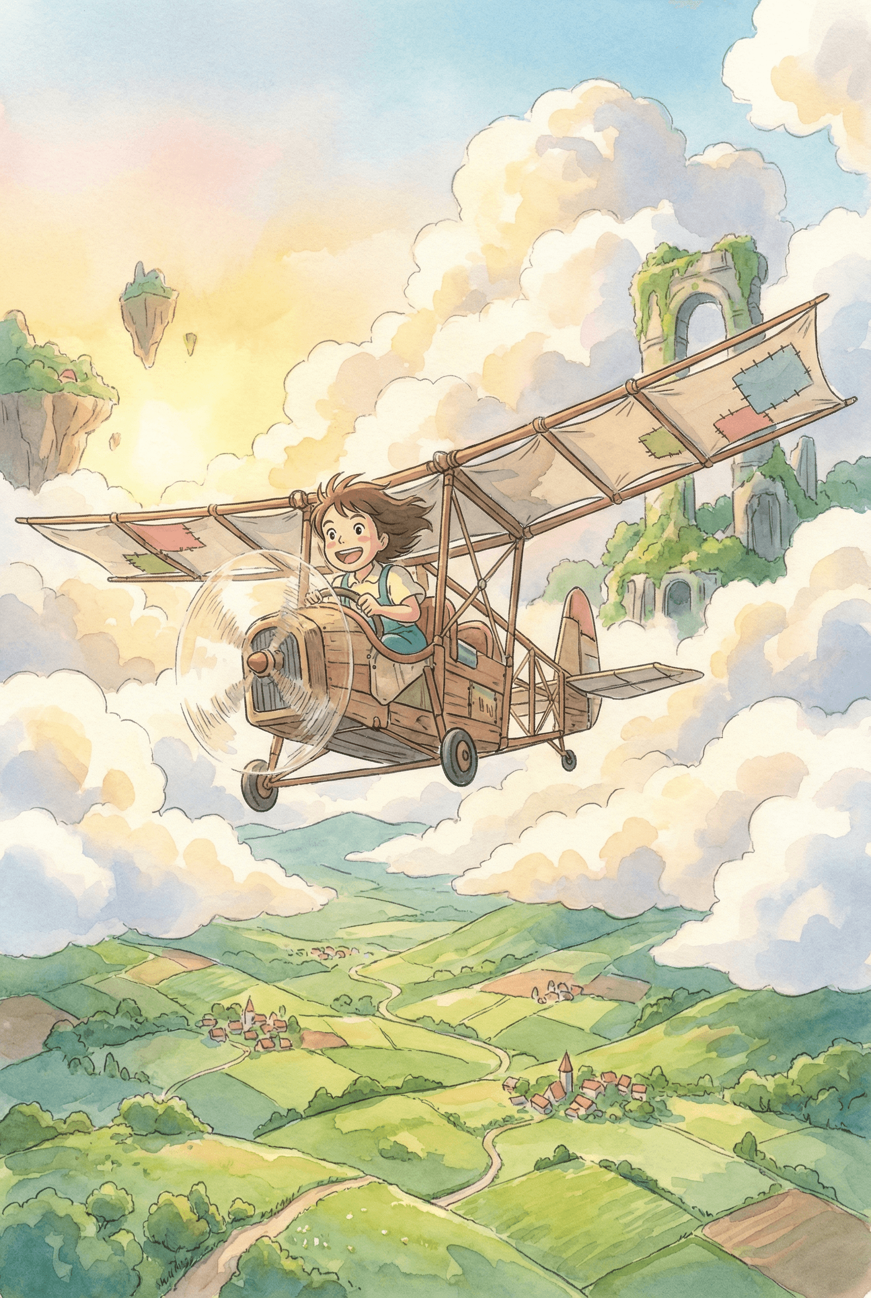 Marketing AI image: Young girl with flying machine soaring over green countryside, Studio Ghibli whimsical adventure sty