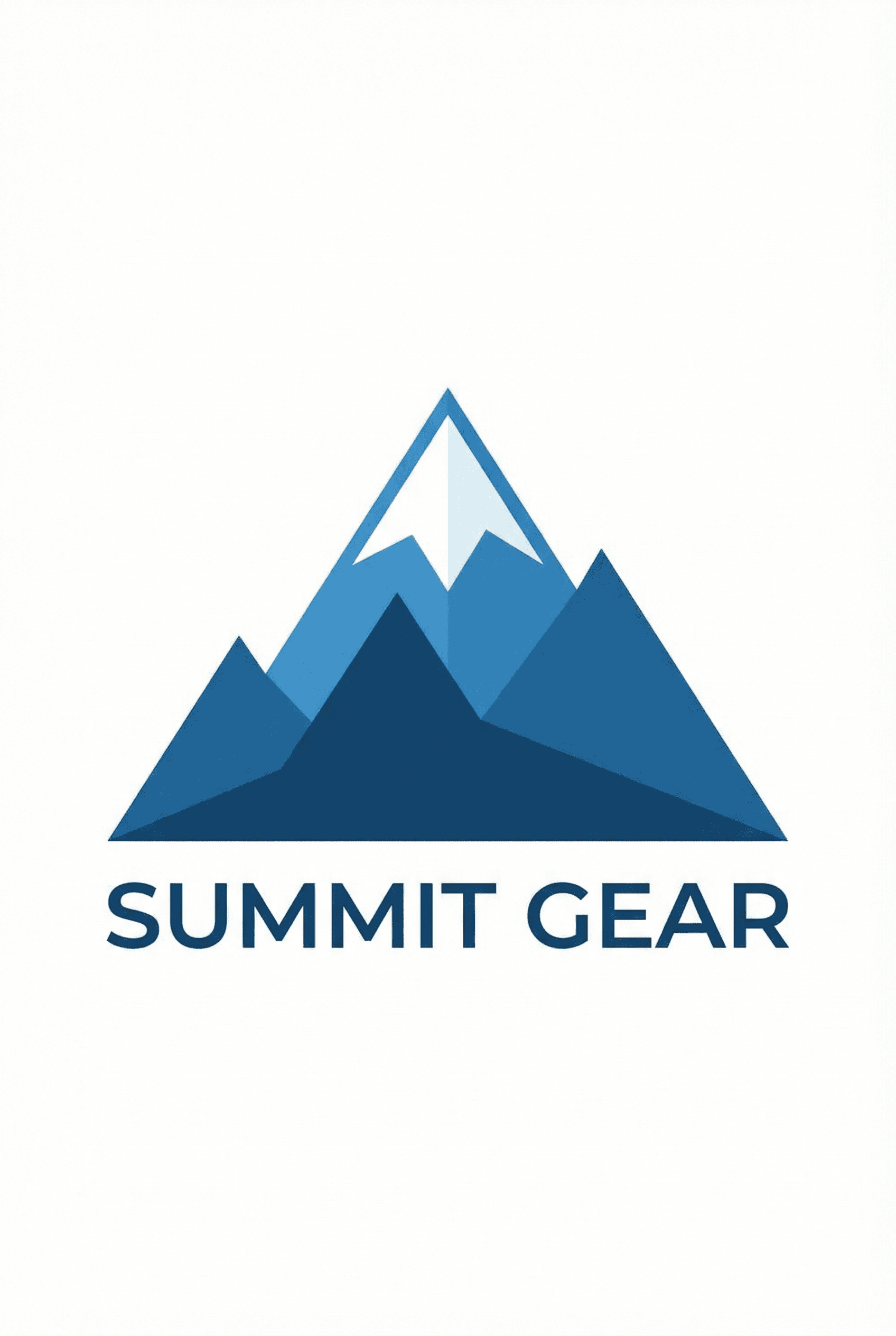 A minimalist vector logo of a snow-capped mountain peak, geometric triangle shapes, shades of blue and white, clean line