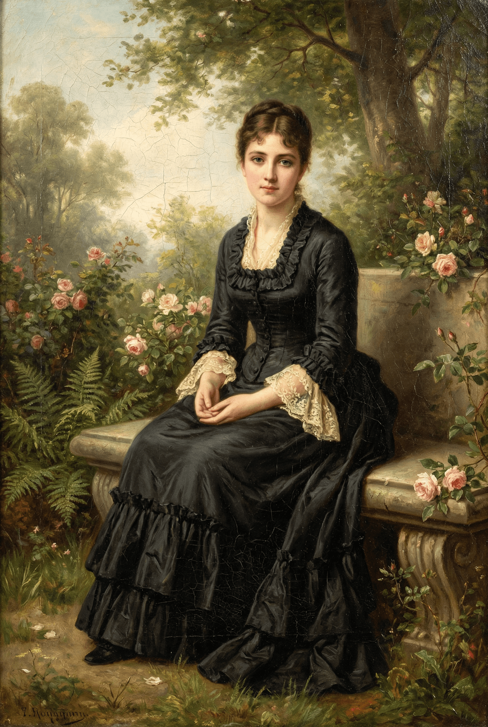 A classical oil painting portrait of a young woman in 19th-century Victorian dress, sitting in a garden, soft natural li