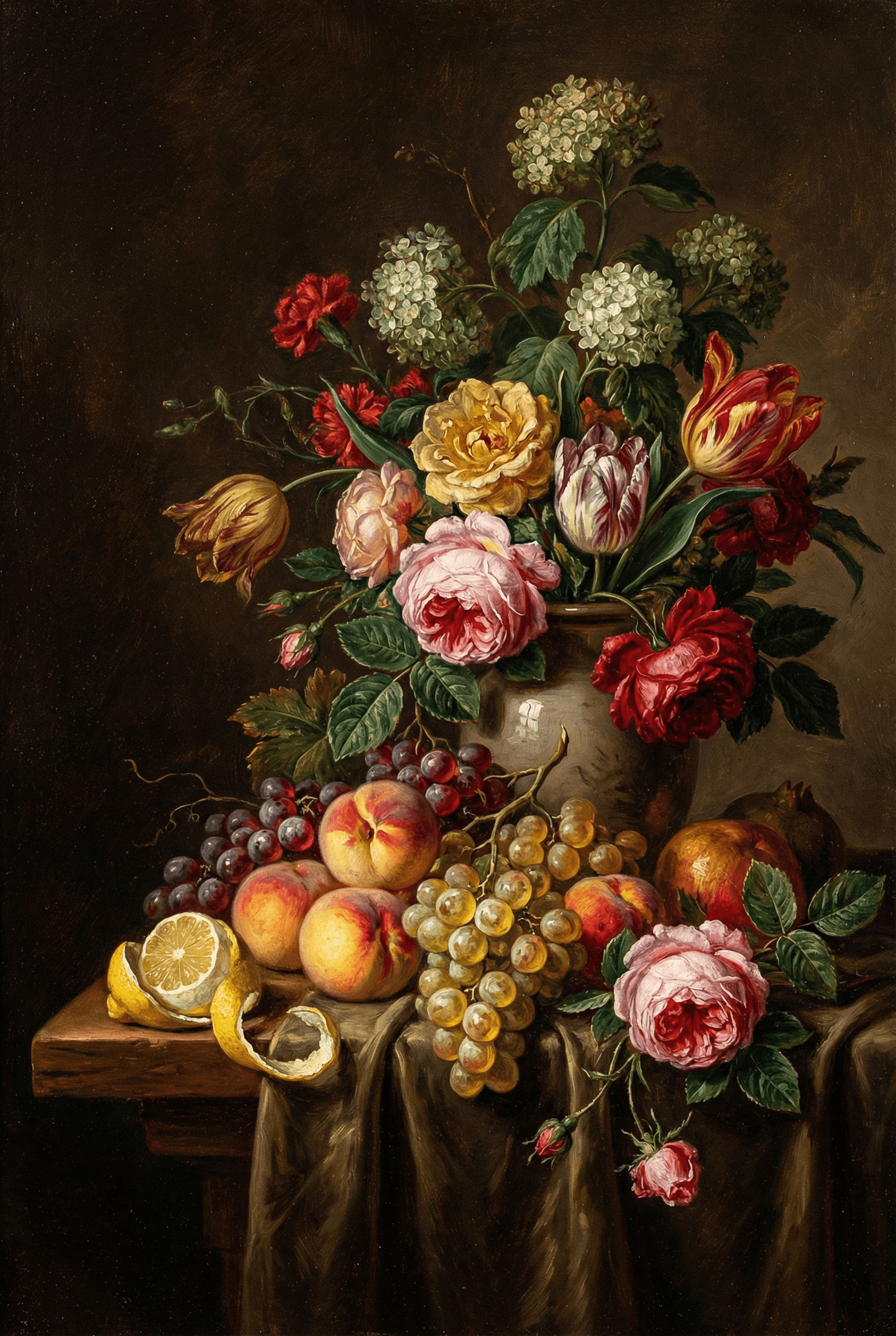 Oil Painting Style AI image: Still life oil painting of fruit and flowers in classical Dutch style, dramatic side lighting creati