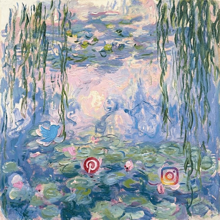Social media icons floating like water lilies on an impressionist pond, soft broken brushstrokes in Monet's signature st