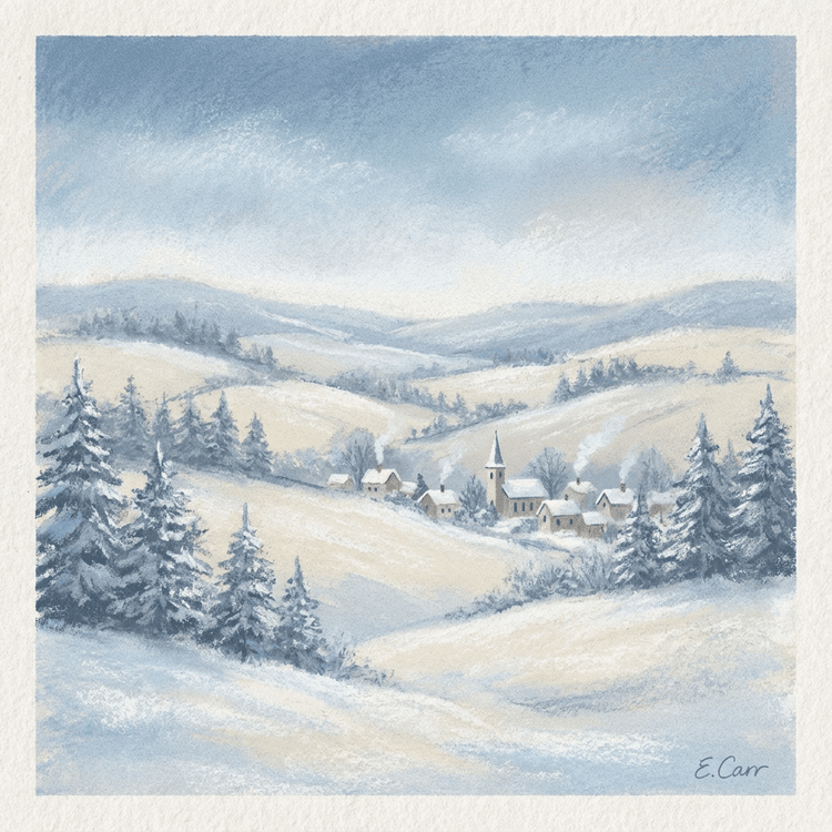 Soft pastel painting of snowy Christmas landscape, gentle rolling hills, pine trees dusted with snow, muted blues and wh