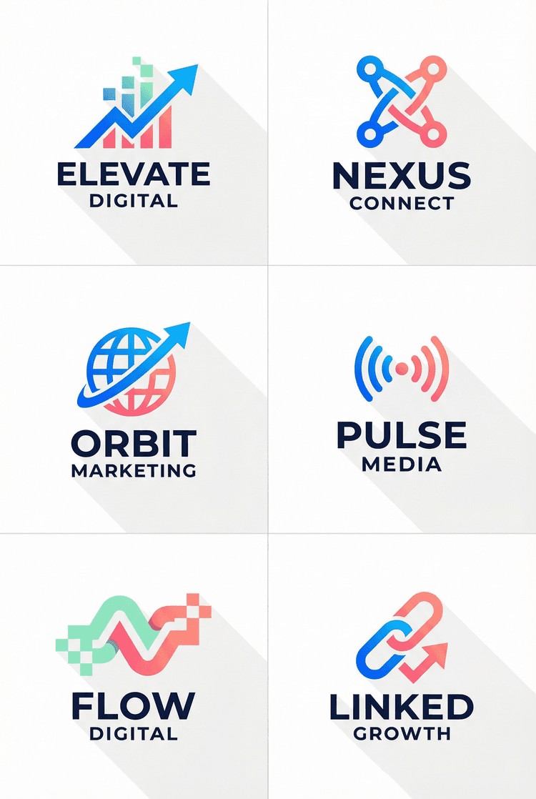 Modern digital marketing logo design collection showcase, clean grid layout displaying 6-9 minimalist logos, vibrant gra