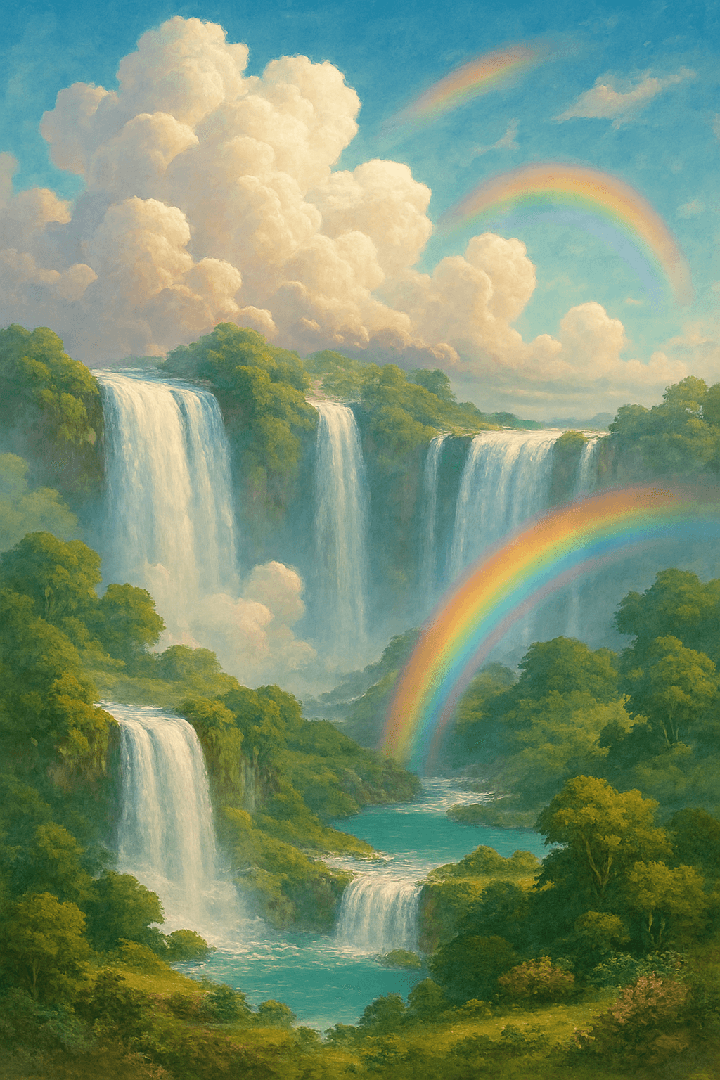 Social Media AI image: Straight out of a dream — clouds, waterfalls, rainbows, and pure paradise.