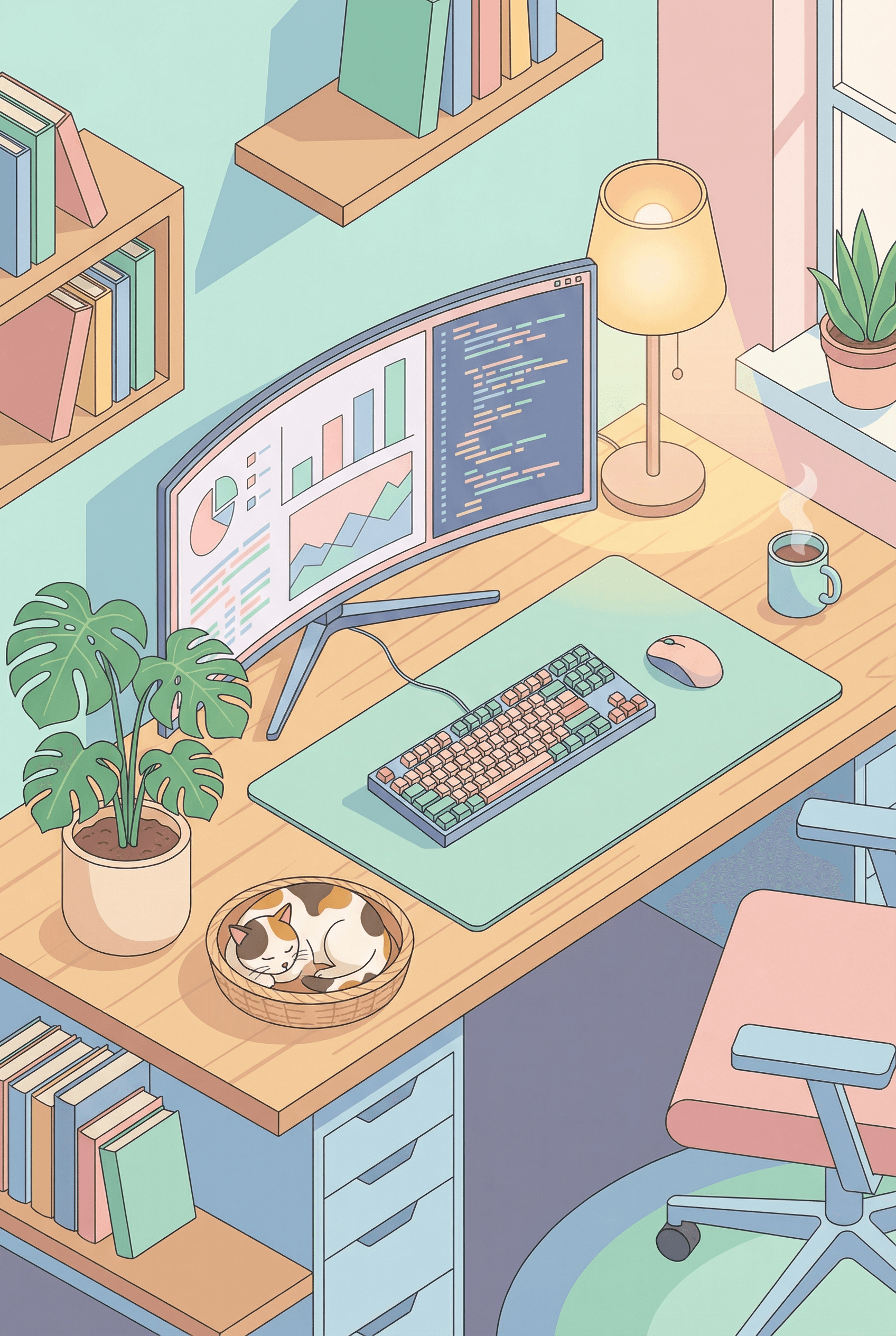 An isometric 3D illustration of a modern cozy home office setup, wooden desk with dual monitors, a potted plant, a sleep