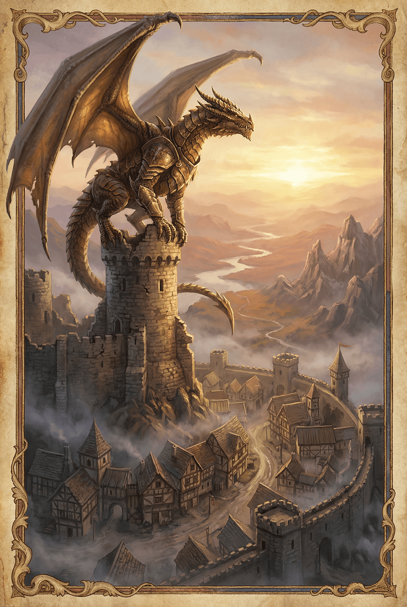 Marketing AI image: Majestic dragon perched on castle tower at dawn, scales gleaming in golden morning light, medieval f