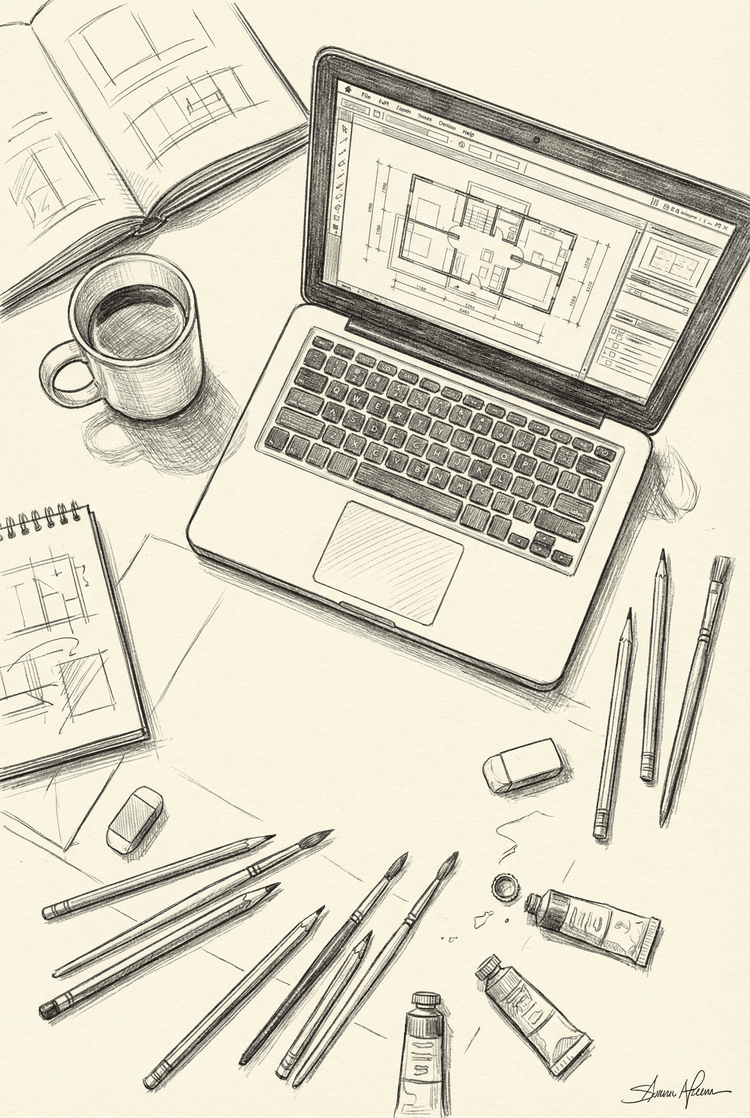 Detailed pencil sketch of creative workspace from above, realistic graphite rendering showing laptop, coffee cup, notebo