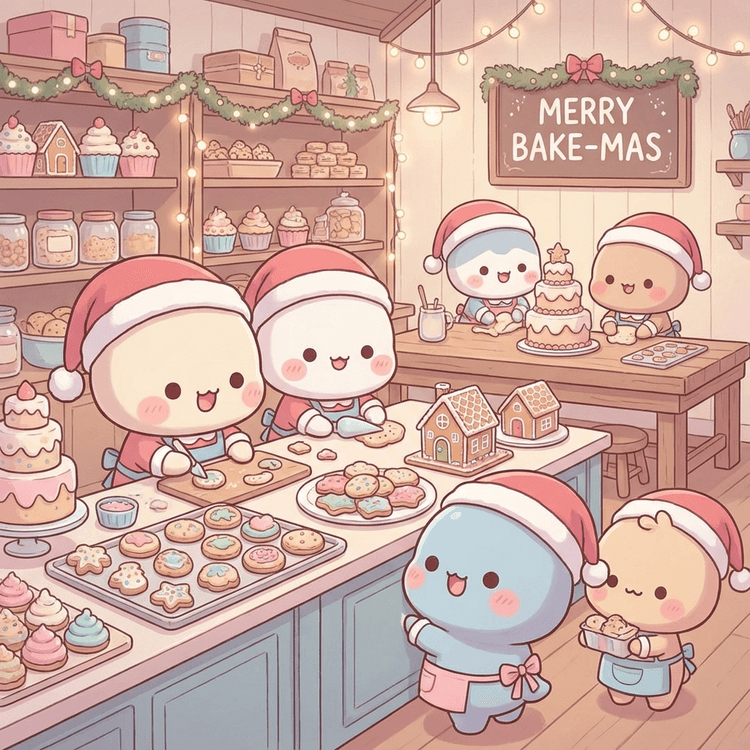 Cute chibi characters in Christmas bakery, oversized heads and tiny bodies, Santa hats and aprons, decorating cookies an