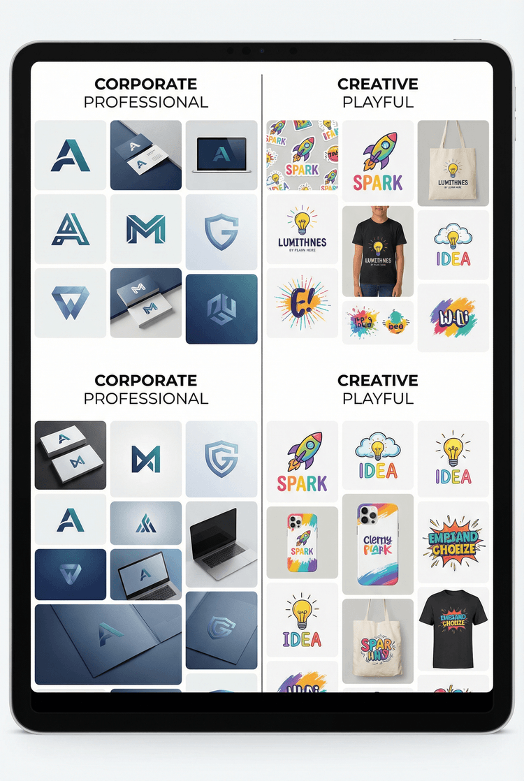 Digital marketing logo design inspiration board, split composition showing corporate professional logos on left (gradien