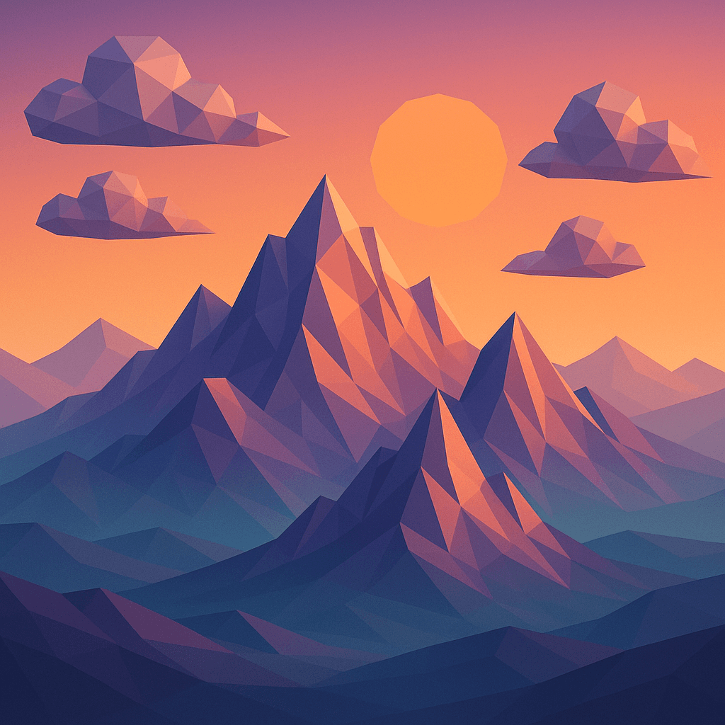 Social Media AI image: Low-poly geometric mountain landscape at sunset with triangular facets, minimalist color palette of