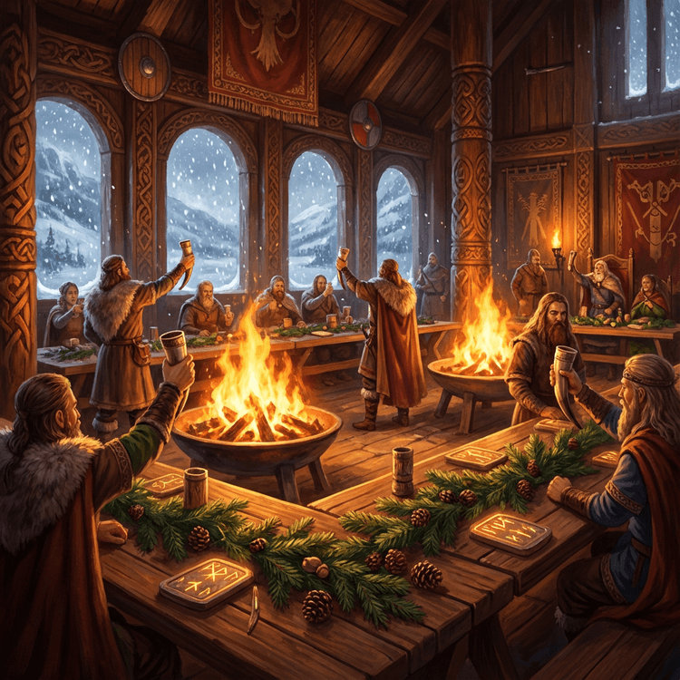 Norse mythology inspired Yule celebration, Viking hall decorated with pine and runes, glowing firelight, snow falling ou