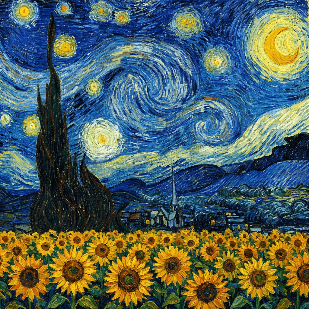 Van Gogh Style AI image: Sunflower field under swirling starry night sky, Van Gogh post-impressionist brushstrokes, vivid yel