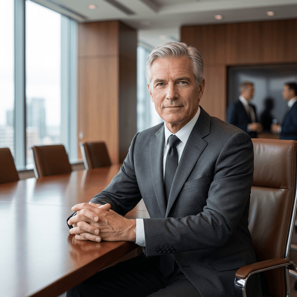 Corporate Style AI image: An executive in a charcoal suit seated at a mahogany boardroom table, formal business portrait with