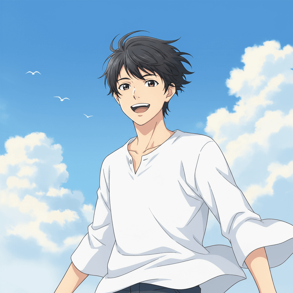 Social Media AI image: Young man with short, windswept dark hair, vibrant and joyful expression with a wide, toothy grin, w