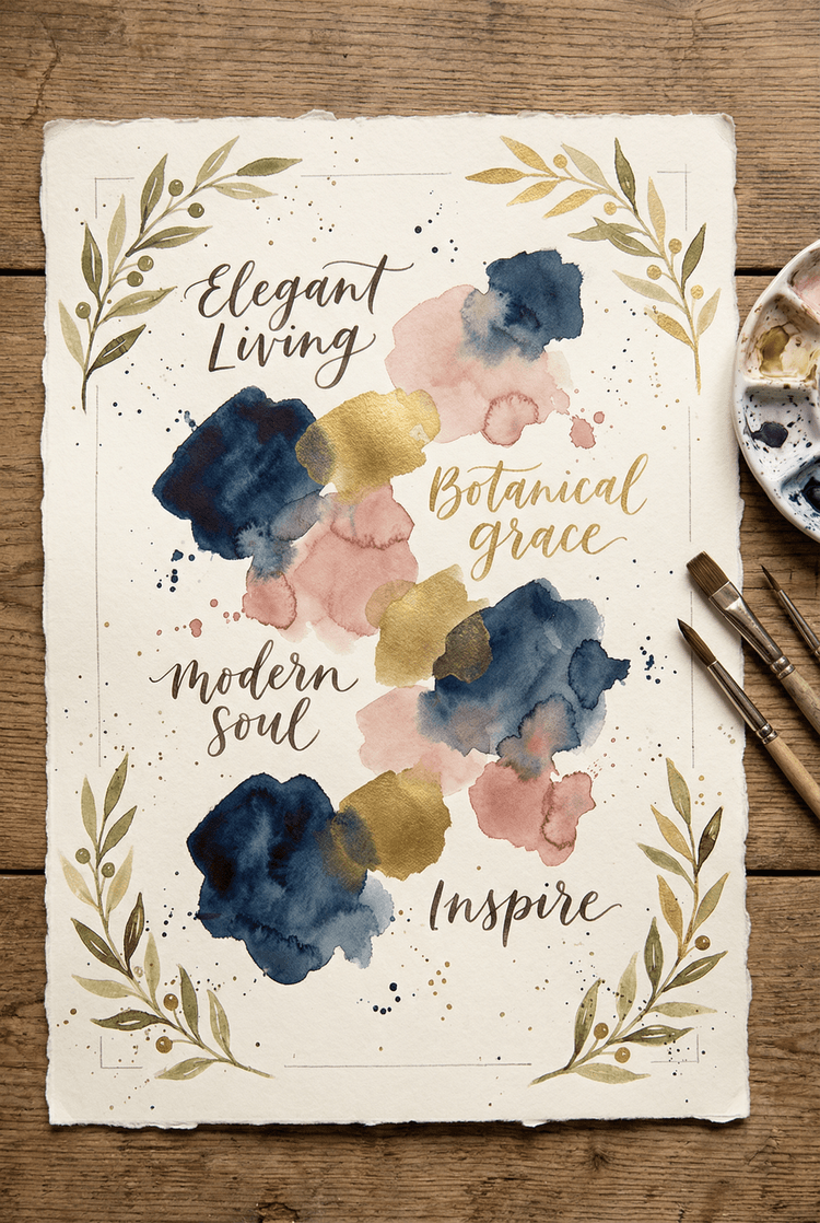 Elegant watercolor mood board layout, loose painted swatches in sophisticated color palette of navy, blush, and gold, de
