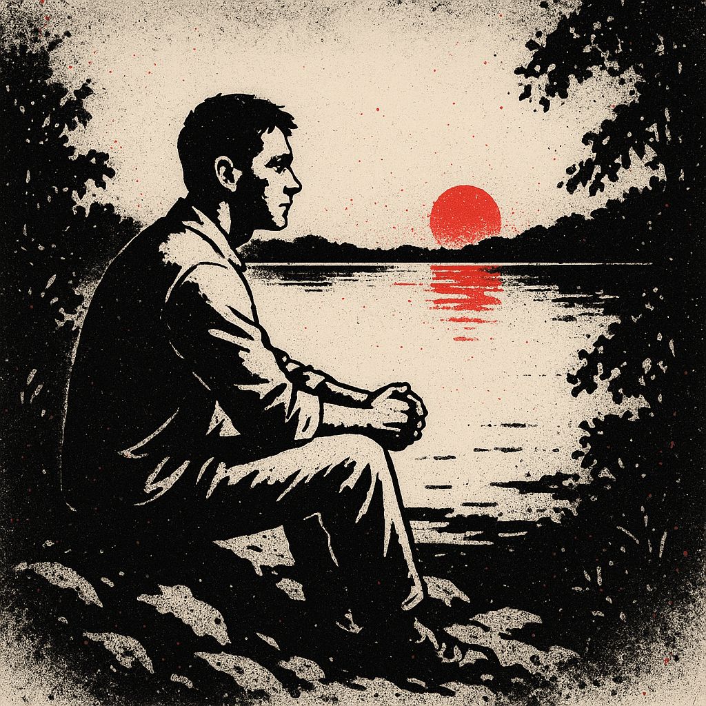Banksy Street Art Style AI image: A contemplative man sitting on a rocky shore by a tranquil lake during sunset, with soft golden ligh
