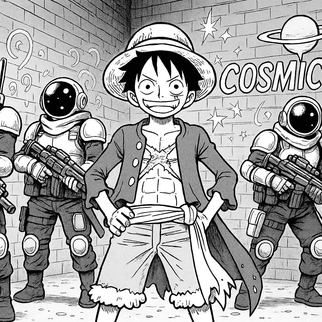 One Piece Style AI image: Ruffy should be in the middle