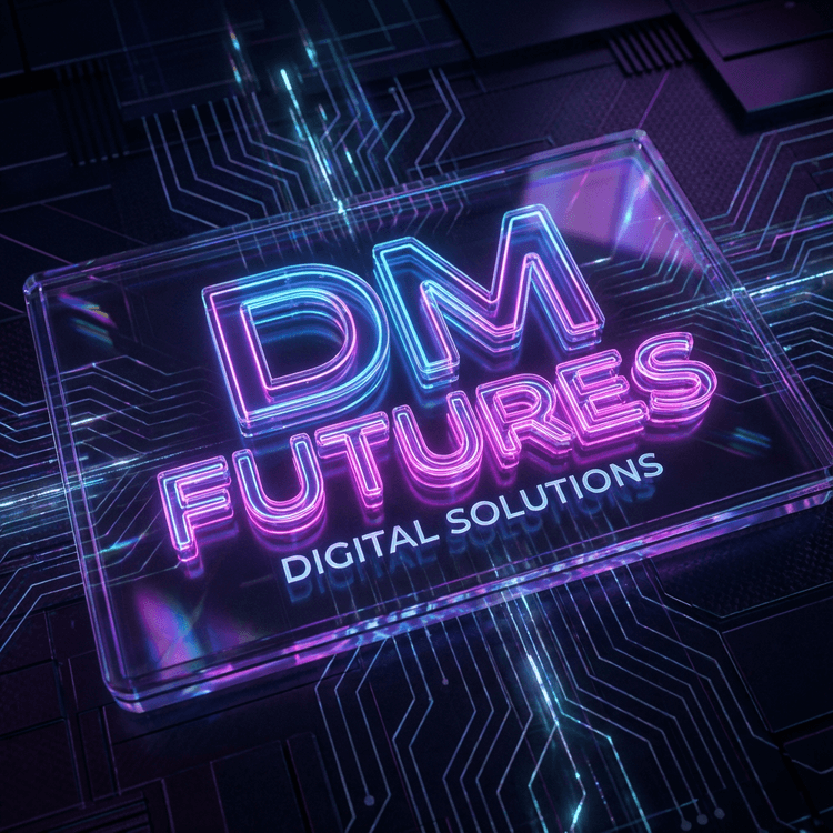 Futuristic digital marketing logo with neon glow effects, dark background with electric blue and hot pink gradients, hol