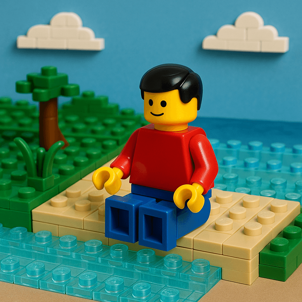 Social Media AI image: create a image of an guy sitting at the water 
{
  "legoStyle": {
    "fundamentalPrinciples": {