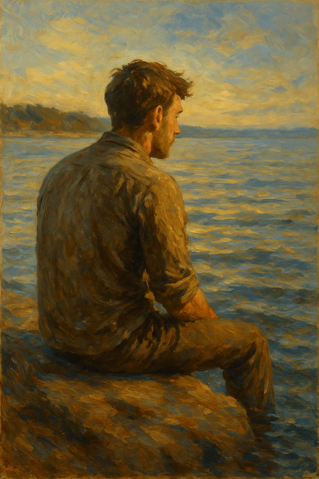 Social Media AI image: create a image of an guy sitting at the water 
{
  "oilPaintingStyle": {
    "fundamentalPrinciples