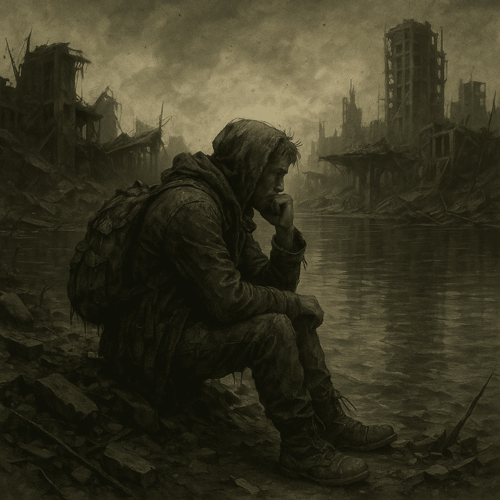 A guy sitting at the water and thinking