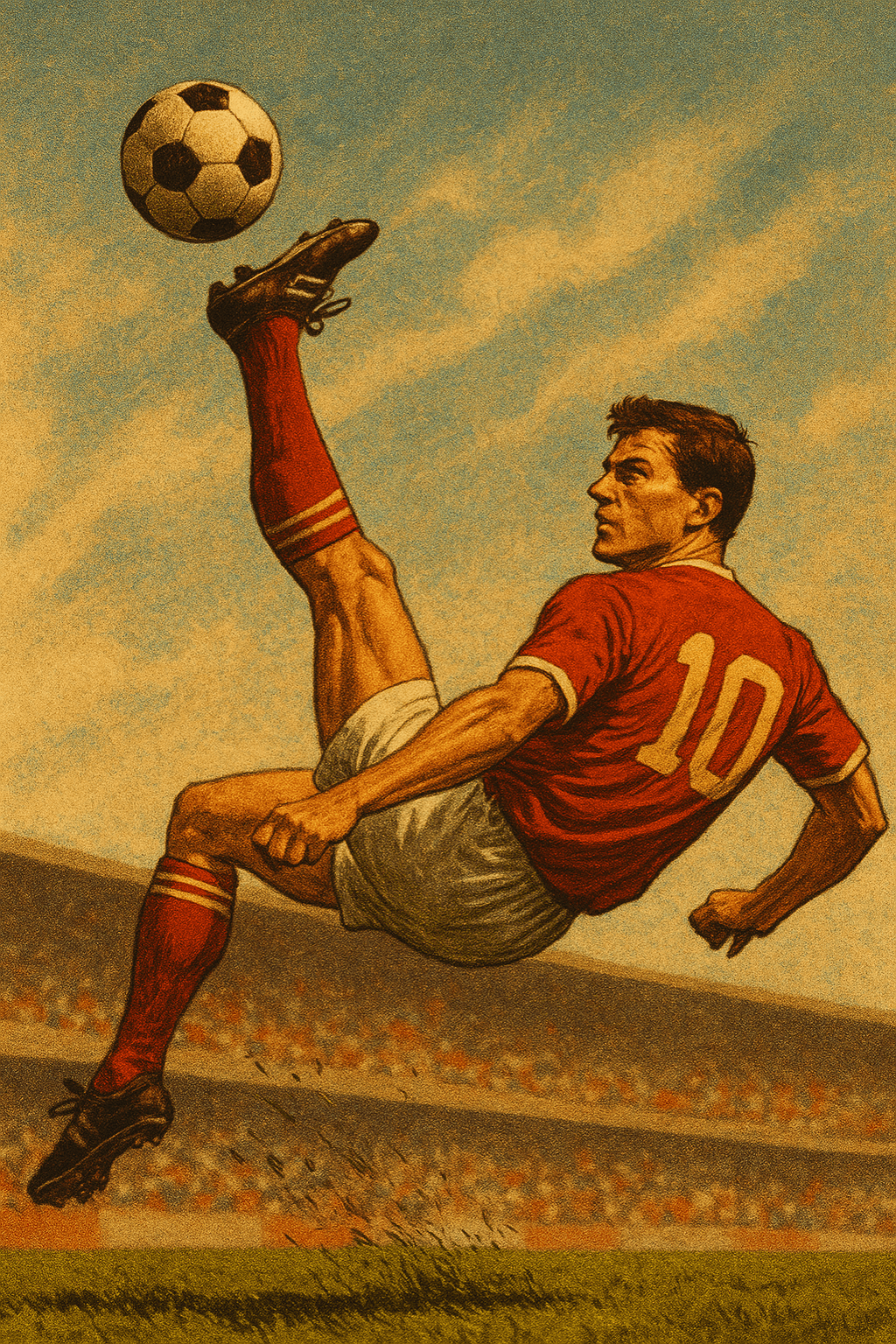 Social Media AI image: Dynamic moment of soccer player mid-bicycle kick, ball frozen in air, stadium crowd blurred in backg