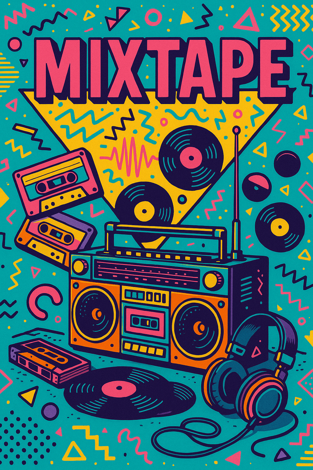 Social Media AI image: Vintage boombox with cassette tapes, vinyl records, retro headphones, abstract sound waves, bold typ
