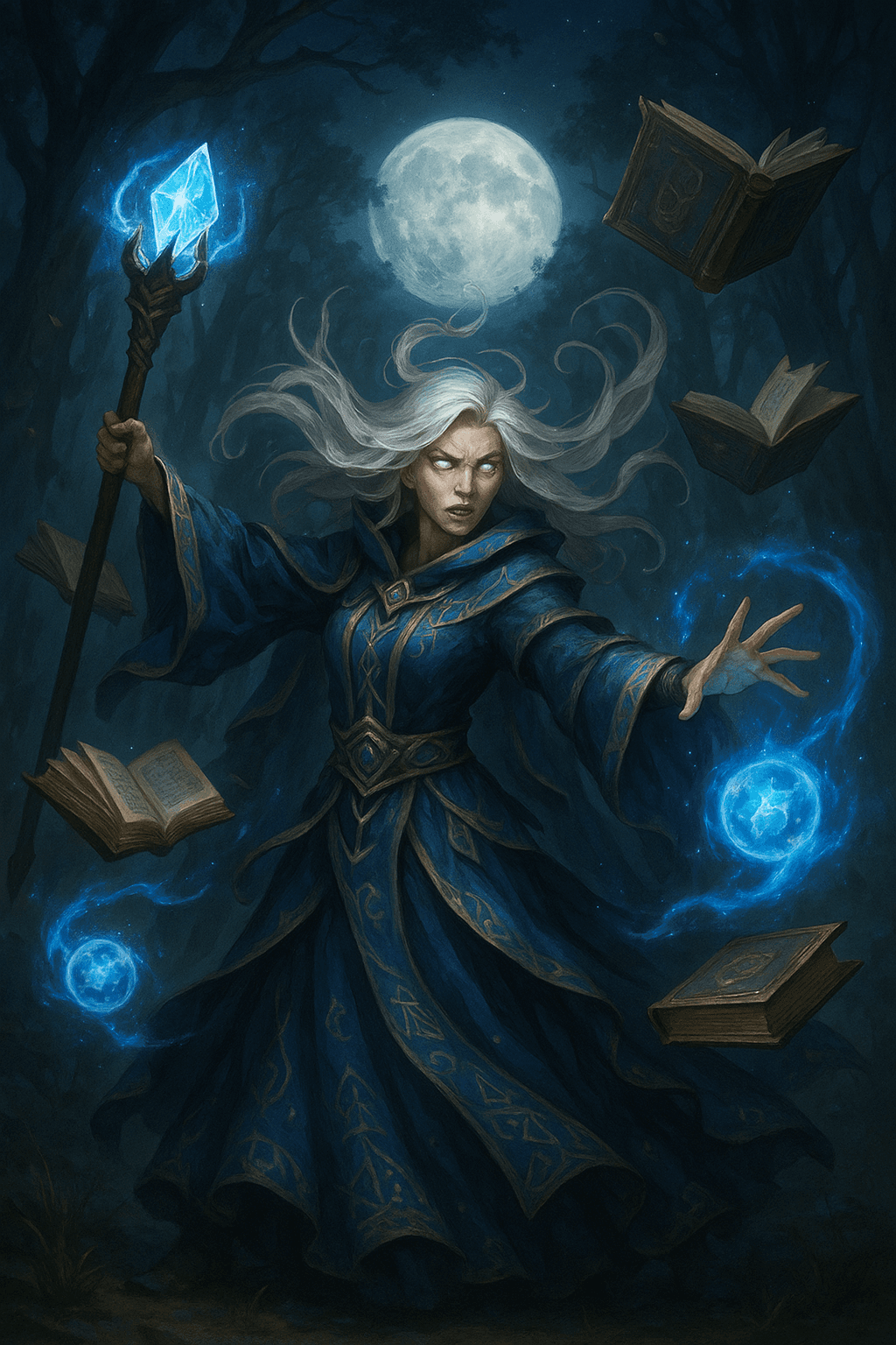 Social Media AI image: "Powerful sorceress casting spell, flowing robes with arcane symbols, magical staff with glowing cry