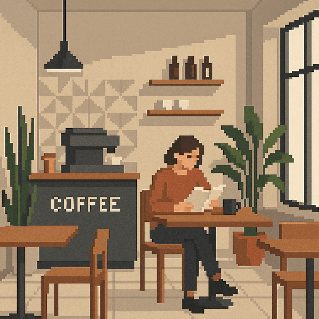 Social Media AI image: Modern coffee shop scene with minimalist interior, person reading, geometric patterns, plants, large