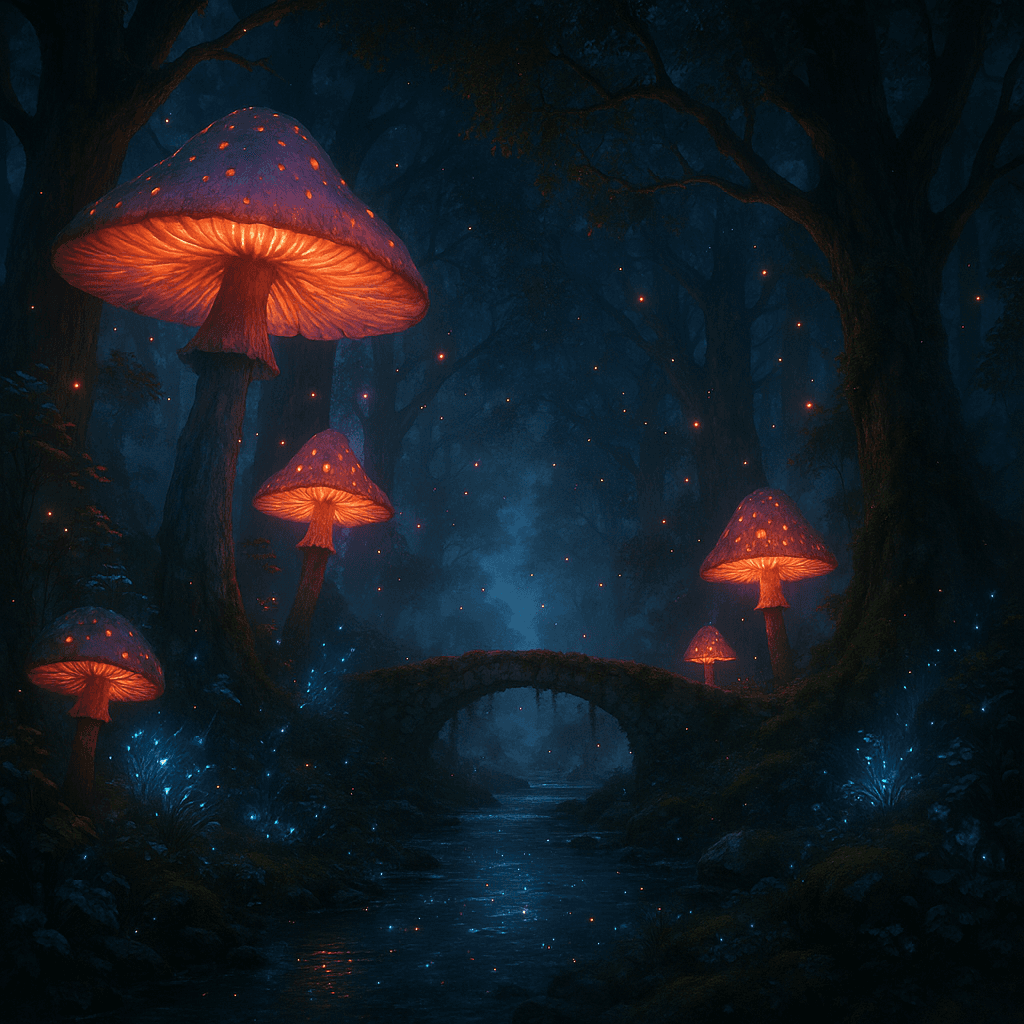 Social Media AI image: Enchanted forest with massive glowing mushrooms, bioluminescent plants, fairy lights dancing between