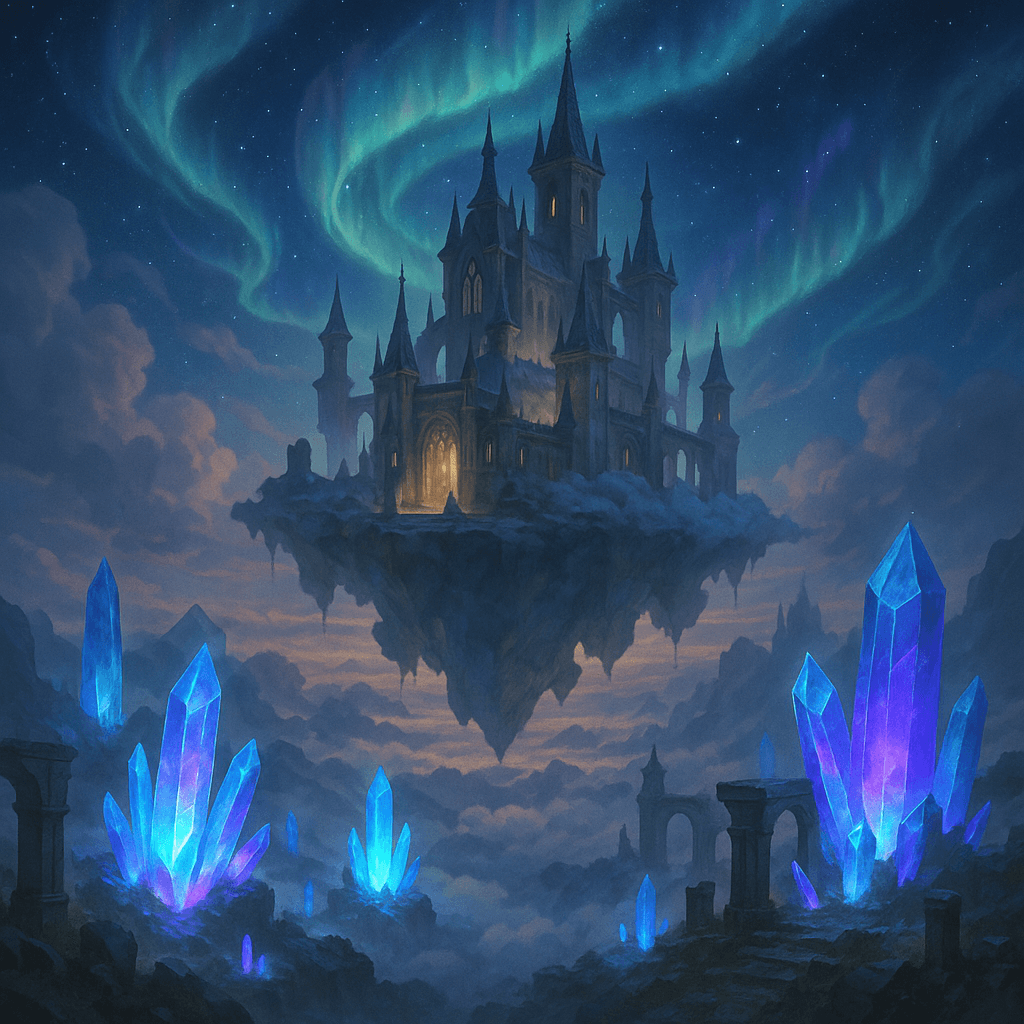 Social Media AI image: Mystical floating castle in clouds, glowing crystals, ancient architecture, magical aurora in sky, e