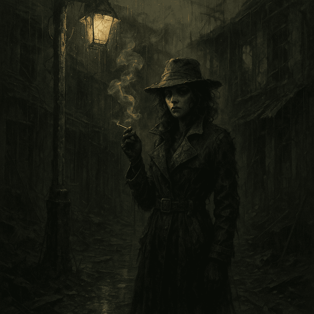 A mysterious woman in a black trench coat standing under a flickering streetlight in a rain-soaked alley, cigarette smok