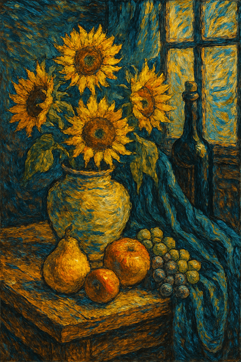 Social Media AI image: Still life with ceramic vase of sunflowers, fresh fruits, wine bottle, draped velvet fabric on woode