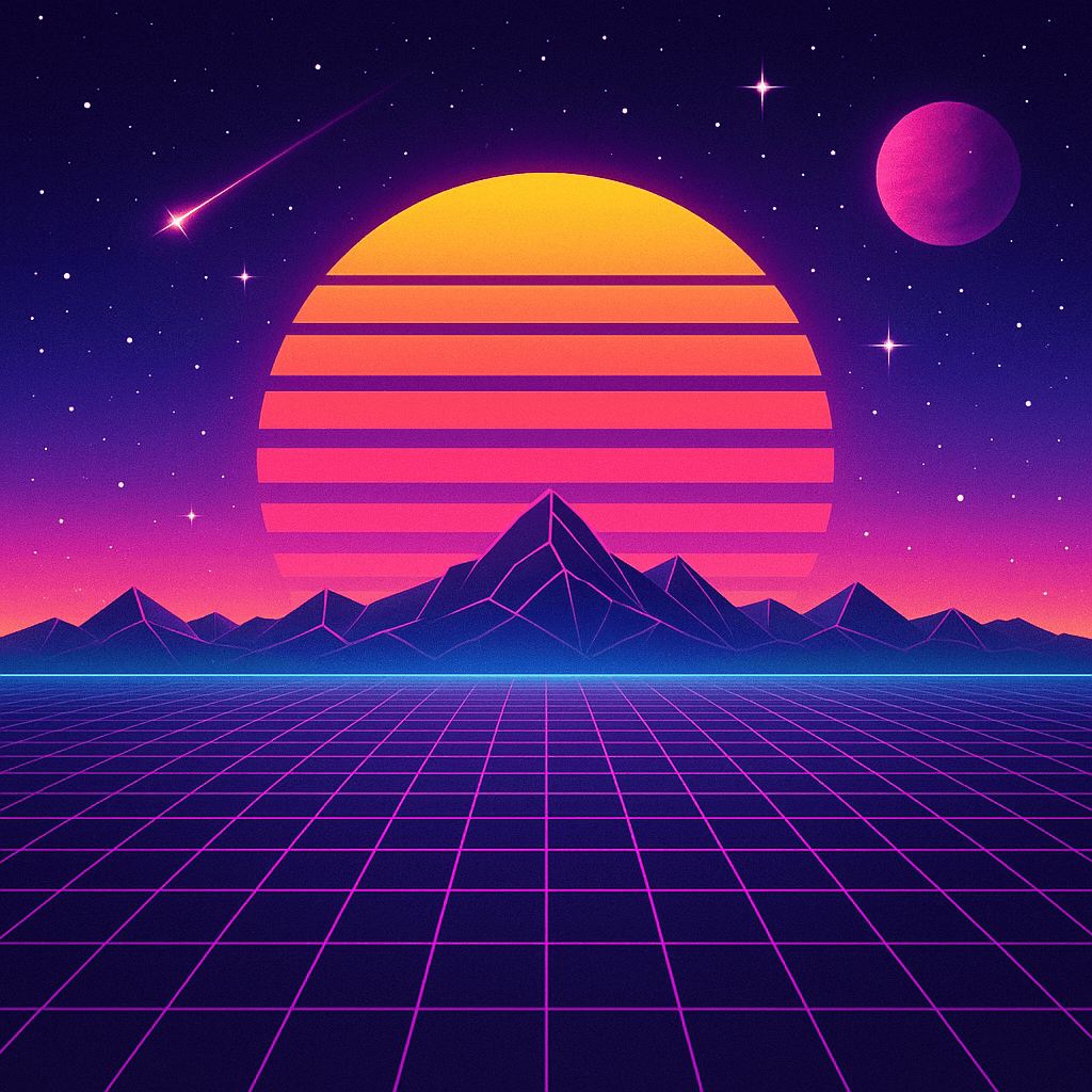 Social Media AI image: 
Retro 80s wave space, 1980s retro futuristic style background, digital landscape in the cyber world