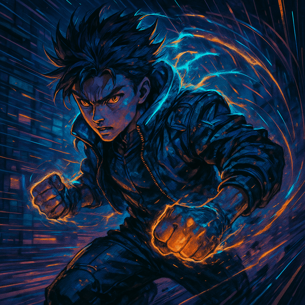 Social Media AI image: Dynamic action pose of a young warrior with spiky hair, determined expression, glowing energy aura,